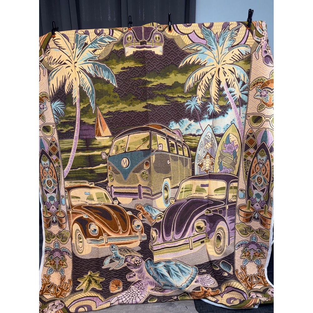 Vintage Style Surf Van Beetle Beach Woven Mexican Blanket Queen Size Tapestry